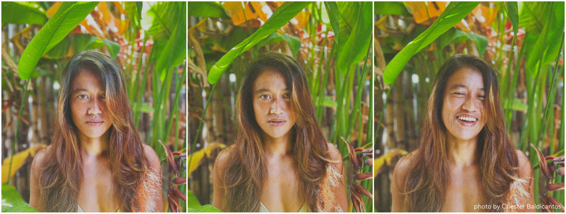 Photo montage of a woman with a blank expression and then smiling, surrounded by tropical plants.